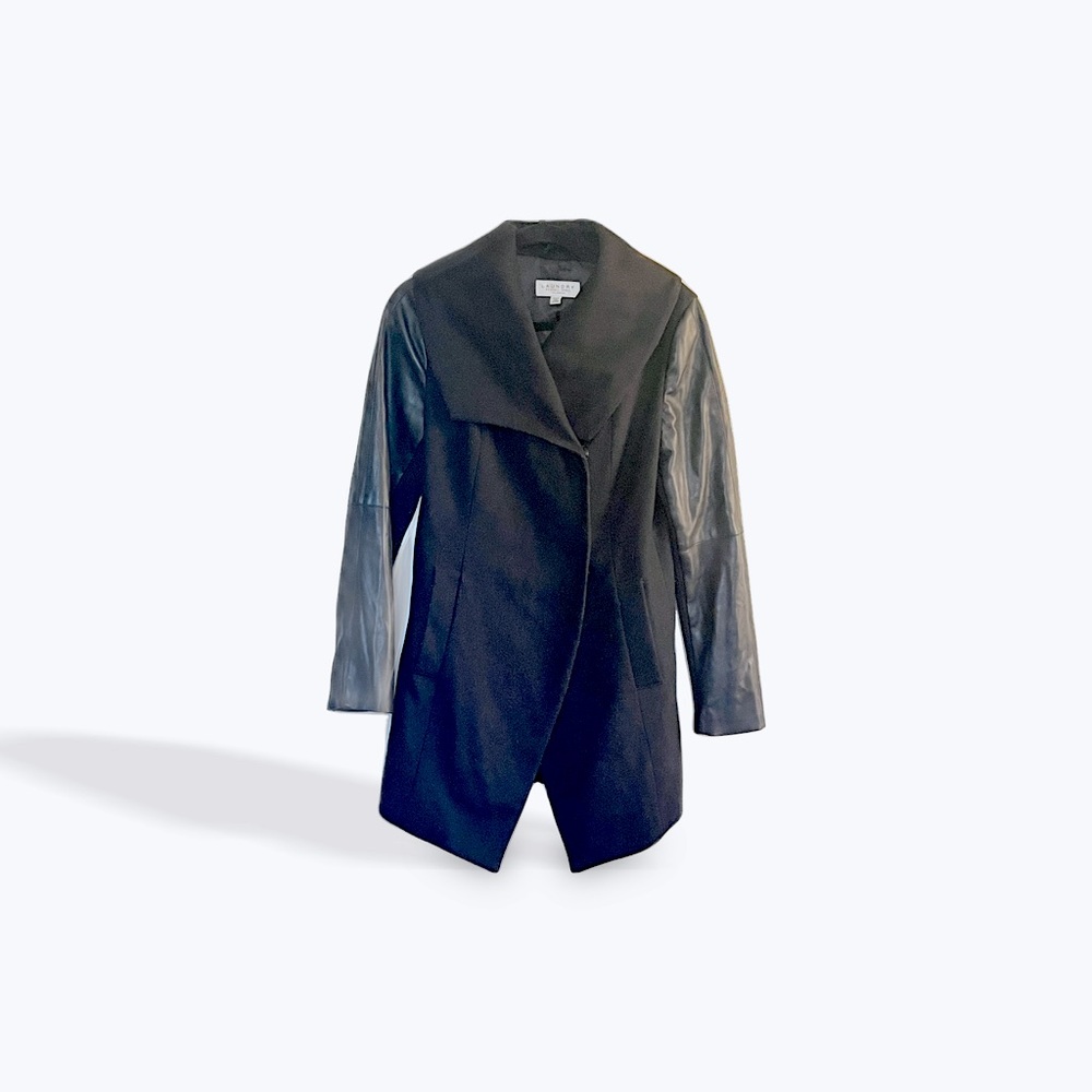 3/4 length Wool Blend Coat with Vegan Leather Sleeves